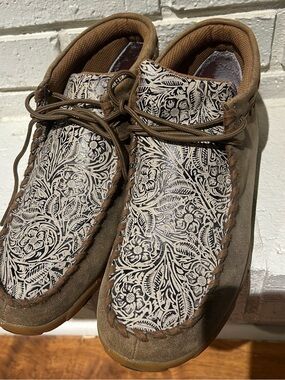 Twisted X Brown Floral-Print Leather Moccasin Slip-Ons